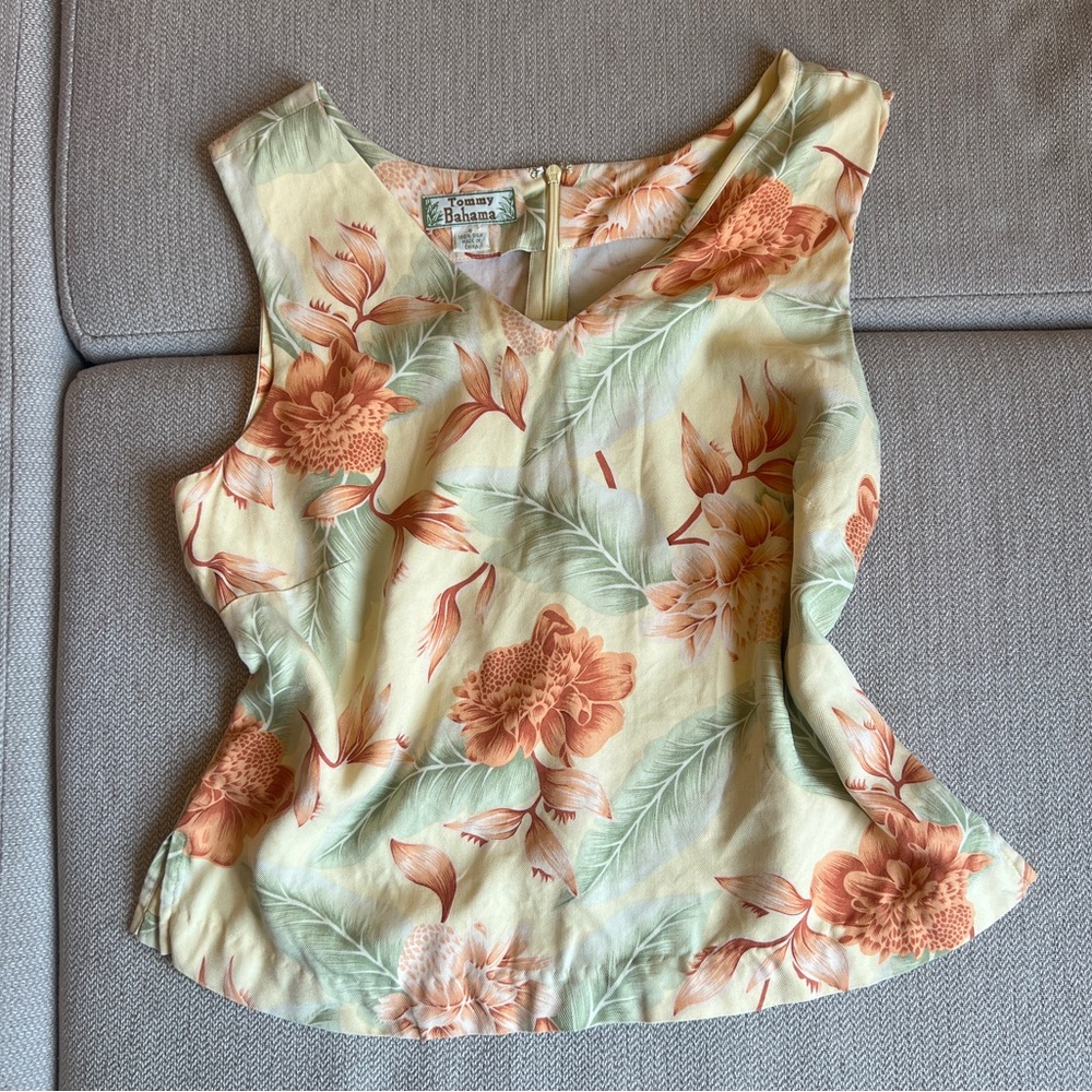 Vintage Tommy Bahama Tropical Floral 100% silk Fitted Sleeveless Tank Top - Sz S
